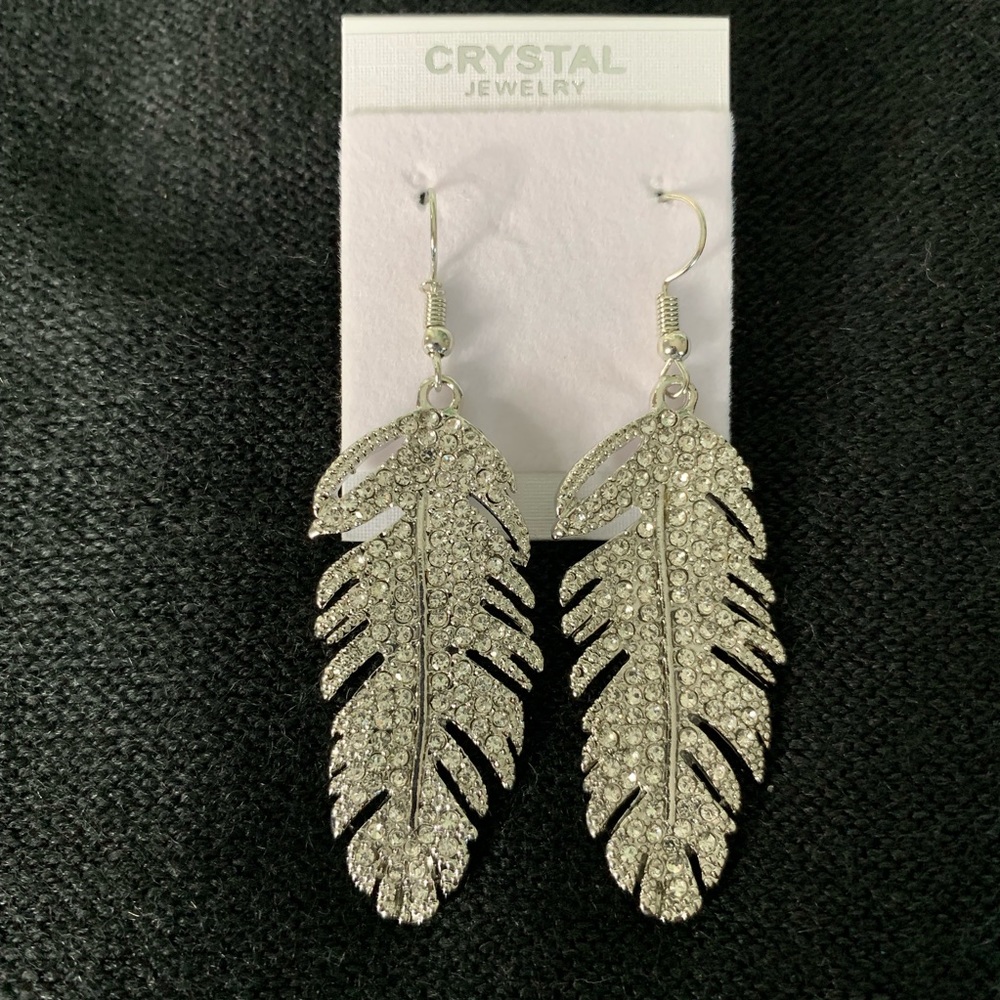 Rhodium Silver Crystal Feather Drop Earrings